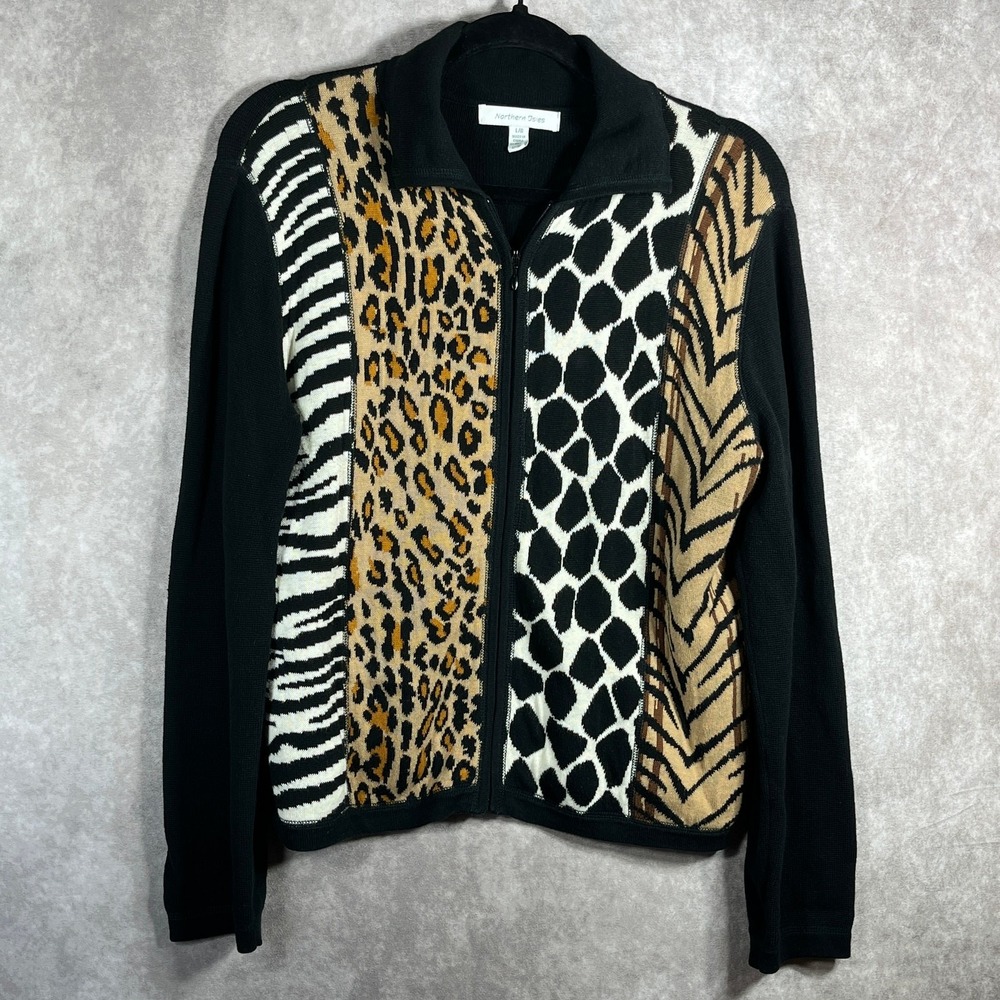 Northern Isles Full Zip Sweater Womens Large Black Animal Print Cotton Casual